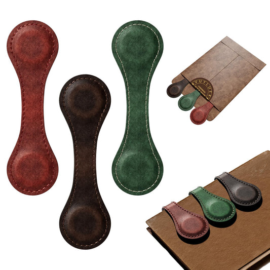 Set of 3 Magnetic Bookmarks, Vintage Genuine Leather Book Marks for Reading, Magnetic Page Clips Book Markers, Best Gift for Book Lovers Reading Men Women Teachers Students(Burgundy+Green+Coffee)