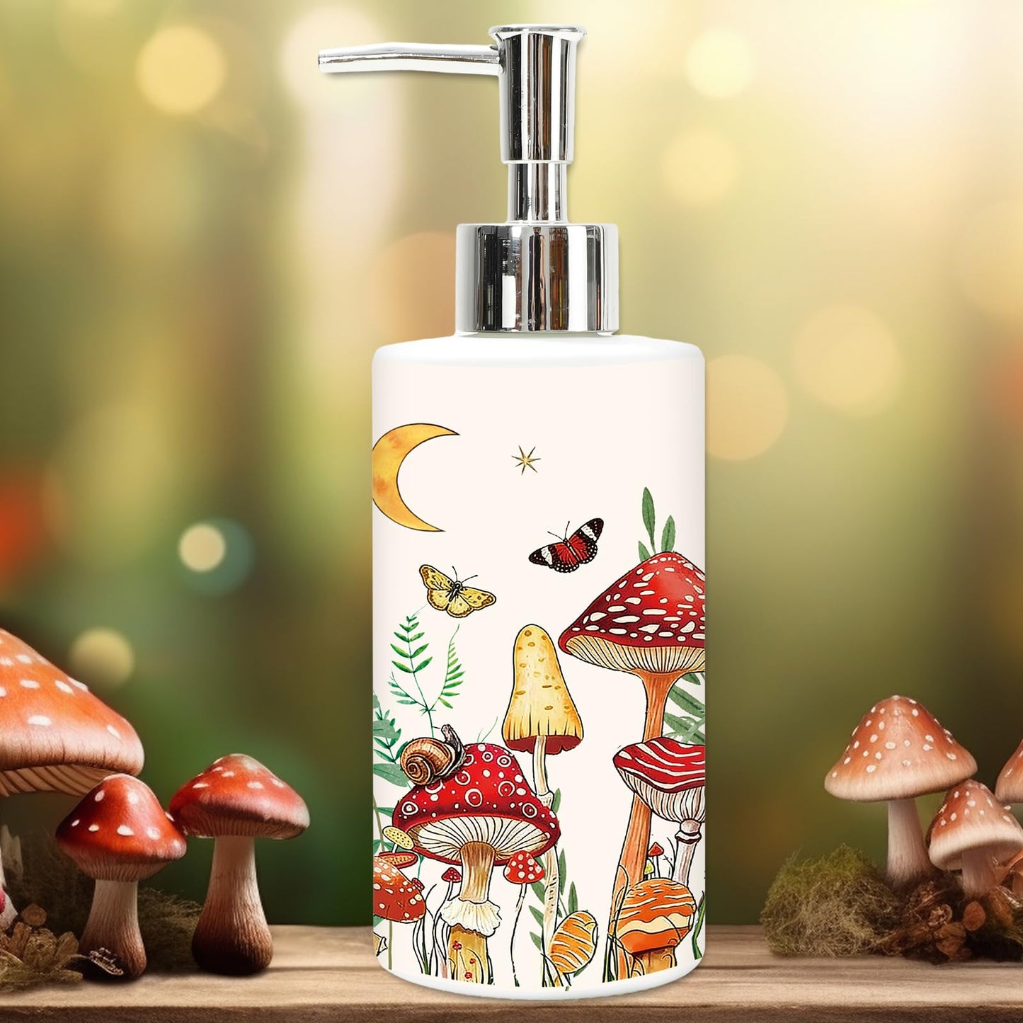 JarThenaAMCS Mushroom Soap Dispenser Glass Dispenser with Pump Refillable Mushroom Butterfly Moon Star Liquid Soap Container for Home Kitchen Bathroom Countertop