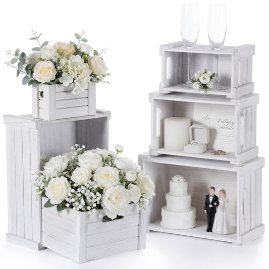 AceOrbit 6 Pcs Decorative Wood Crates for Storage Display 6 Size Rustic Nesting Crates with Handle Farmhouse Wooden Container Boxes for Wedding Bride Shower Party Market Farmers Decor(Vinage White)