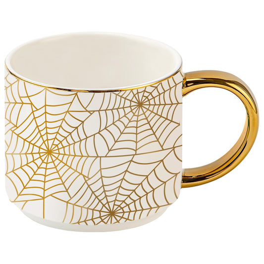 Sweet Water Decor Gold Spiderwebs Mug, 14oz Fine Bone China Coffee Cup with Gold Handle, Cute Halloween Decorations for Home, Spider Web Mug Fall Seasonal Decor, Spooky Season Gifts for Women