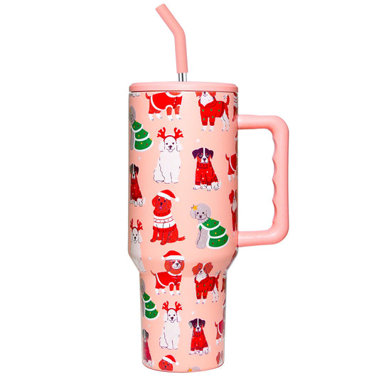 OEUFSEEE Christmas Dog Tumbler with Straw and Lid Vacuum Insulated 40oz Stainless Steel Puppy Cup Gifts for Women Xmas Present Skinny Water Bottle Coffee Cup for Home or Travel