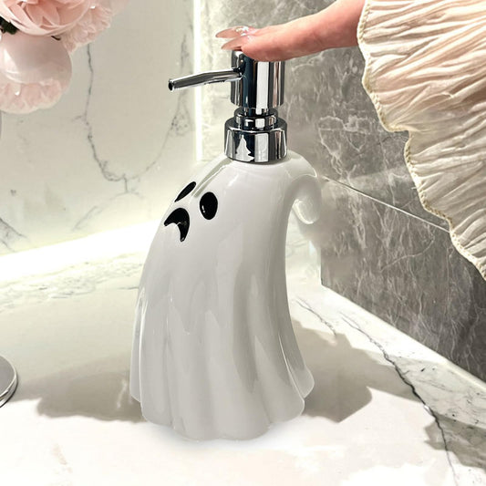Halloween Ghost Creative Hand Sanitizer Bottle Ceramic Soap Dispenser Bathroom Large Capacity Pressed Bottle for Decor Hotel Decorative Hand Pump Refillable for Kitchen and Bathroom 380ml/13.4oz