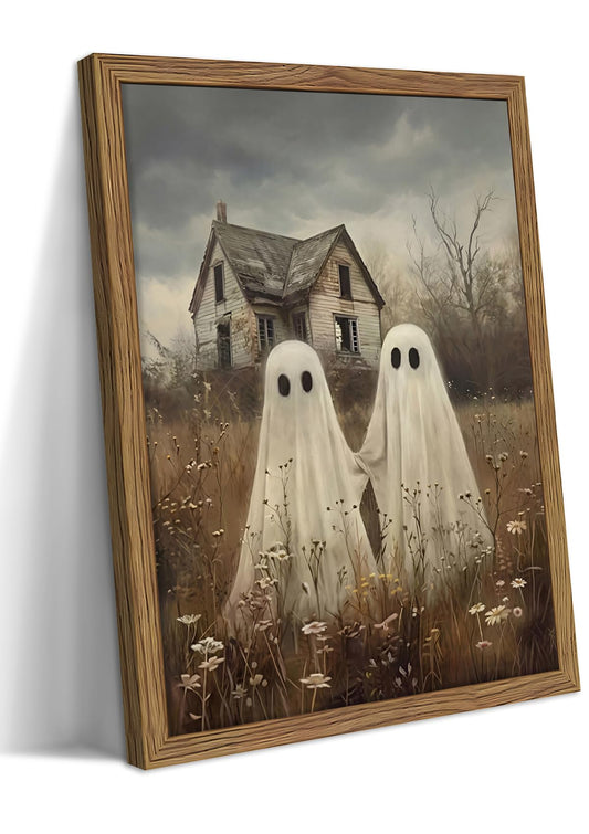 Framed Vintage Halloween Ghost Wall Art, Cute Two Ghost Holding Hands Canvas Print, Moody Cottage Scene Oil Painting Style Poster, Dark Moody Wall Decor for Living Room Bedroom Gallery 8x10in