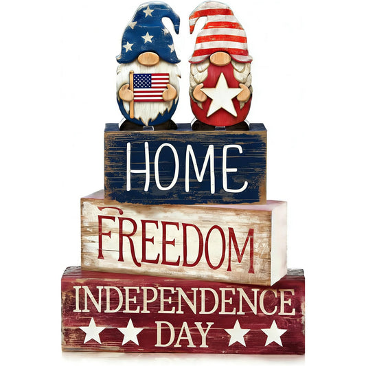 4th of July Table Decorations Patriotic Memorial Day Tiered Tray Decor Wooden Gnome Block Signs Independence Farmhouse 250th July Fouth Centerpiece for Tables Wooden Sign for Home Decor