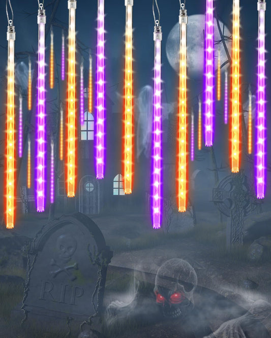Flacchi Halloween Lights Outdoor 20 Tubes 480 LED Raindrop Meteor Shower Icicle Lights with Timer Function Cascading Light Falling Rain Light for Halloween Orange Purple