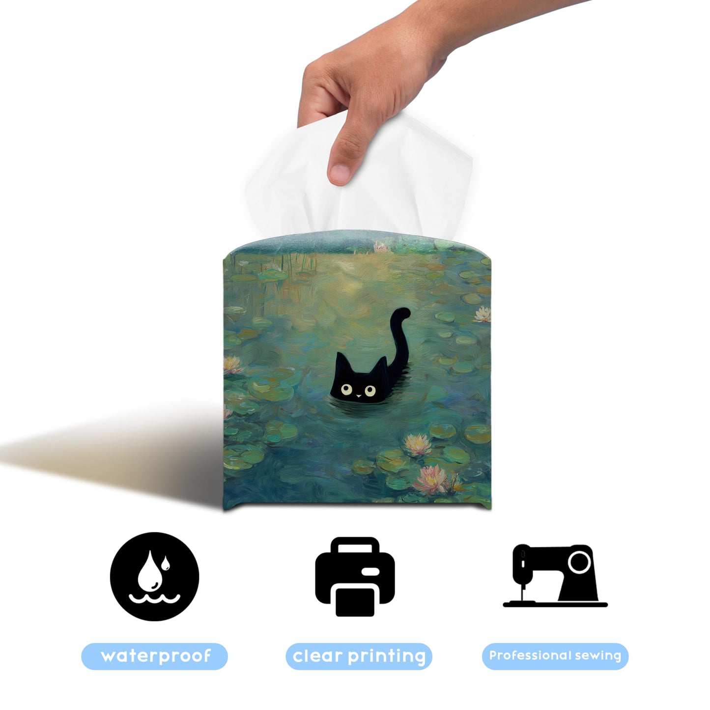 Black Cat Water Lily PU Leather Tissue Box Cover 5.2 Inch