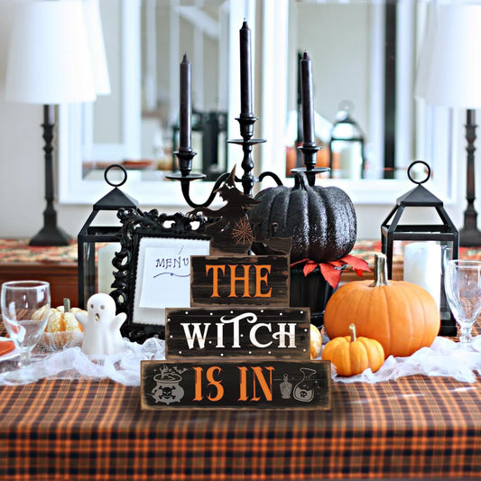 Halloween Decor Indoor - Rustic Wooden Witch Signs Home Decorations for Farmhouse Kitchen, Shelf, Living Room, Tabletop Decorations, Suitable for Fall Party Table Centerpiece
