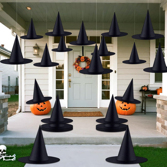ZeeDix 24 Pcs Halloween Witch Hats Hanging Decor Indoor, Black Floating Witches Hat with 98 Ft Hanging Rope, Wizard Costume Accessories Outdoor Halloween Decorations for Home Yard Porch