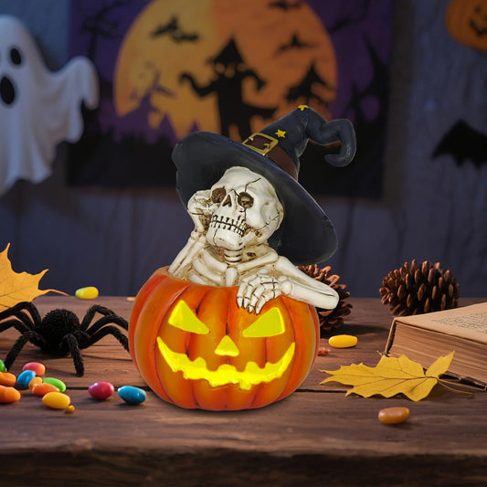 CFFOWNUG Skeleton Halloween Indoor Decoration: 6.1'' Witch Hat Skeleton Ornament with Solar Pumpkin for Home Fireplace Office Party Perfect Figurine Gift for Gothic Lovers