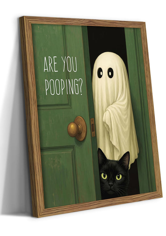 Funny Ghost Cat Halloween Bathroom Wall Art, Cute Ghost Bathroom Halloween Wall Decor Are You Pooping Picture, Vintage Framed Canvas Prints Funny Artwork for Restroom 8x10in Wood Frame