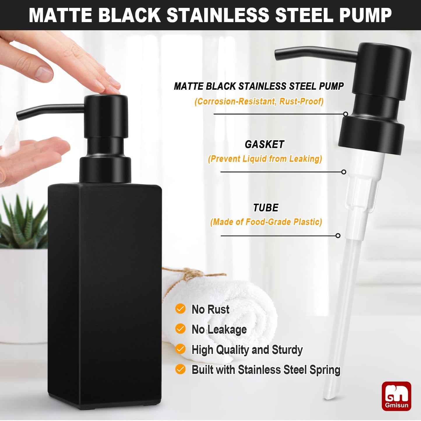 GMISUN Black Soap Dispenser, Hand Soap Dispenser Bathroom, 12oz Glass Soap Dispenser with Stainless Steel Pump, Liquid Dish Soap Dispenser for Kitchen, Modern Bathroom/Kitchen Soap Dispenser Set