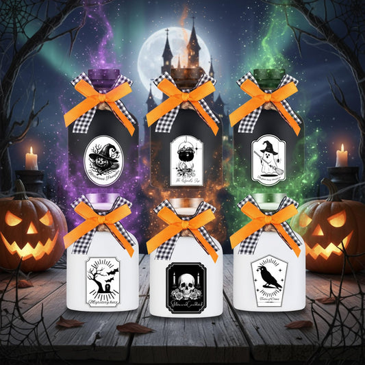 Acellegic 6 Pcs Potion Bottles Halloween Decoration Ceramic Apothecary Bottles Potion Jars with 6 Styles Scary Stickers Halloween Decorations for Tiered Tray Home Table Party Decoration