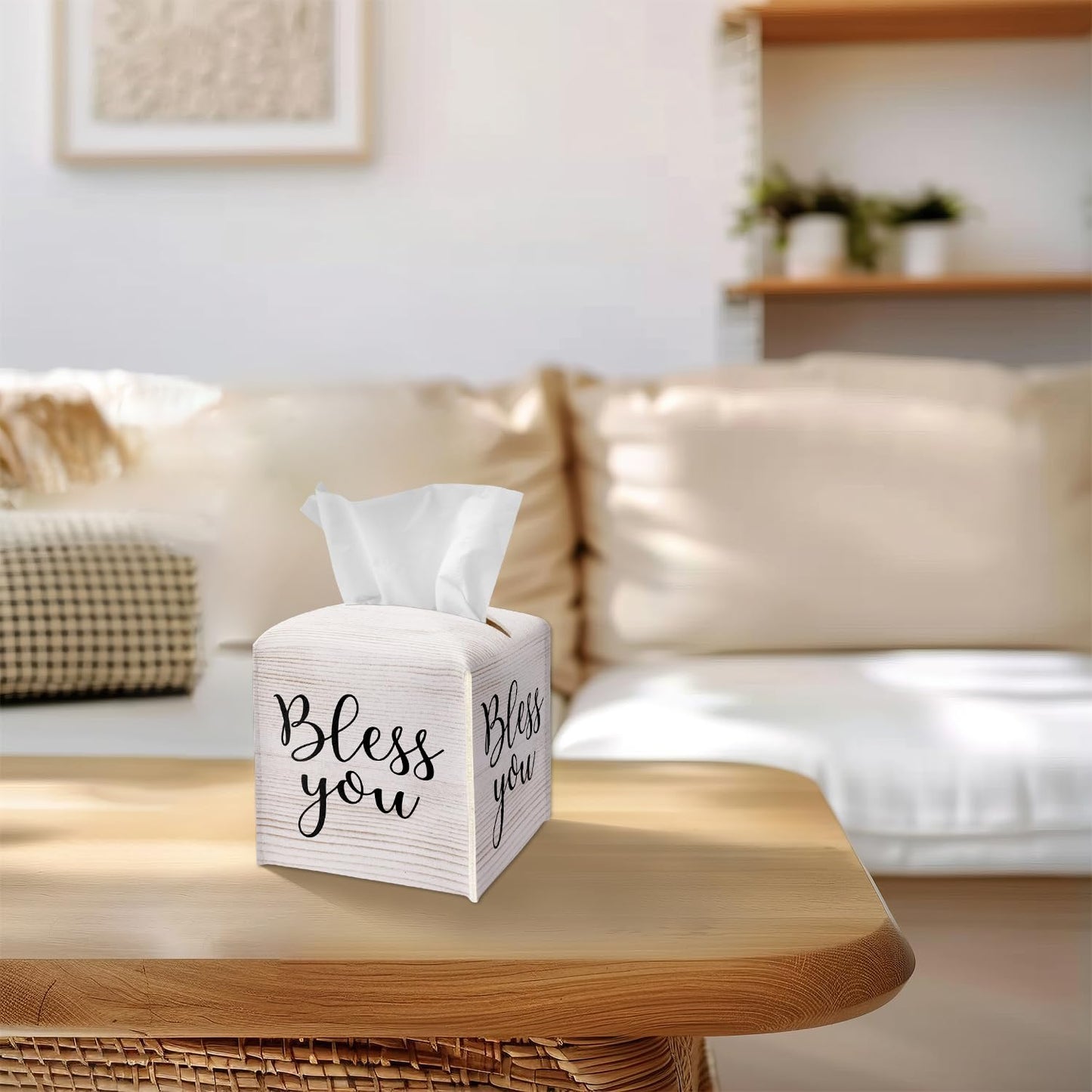 Tissue Box Cover Square - Bless You Tissue Box Holder with Bottom Belt, Leather Facial Paper Holder Decor for Bathroom Vanity Countertop, Nightstands, Dining Table, Office, Car -01
