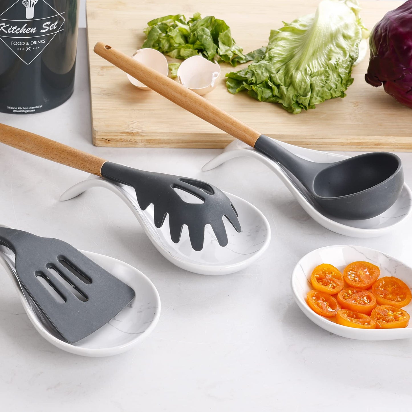 Spoon Rest for Stove Top, Kitchen Spoon Holder, White Marble Spoon Rest for Counter, Ceramic Cooking Utensil Rest for Spatula, Ladle, ANTIS'S HOME
