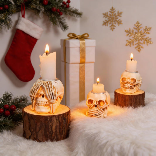 Christmas Skull Candle Holders Set of 3 – Gothic Skeleton Head Xmas Decorations for Spooky Home Décor, Haunted House, Party Centerpiece, Horror Candle Holder Gifts