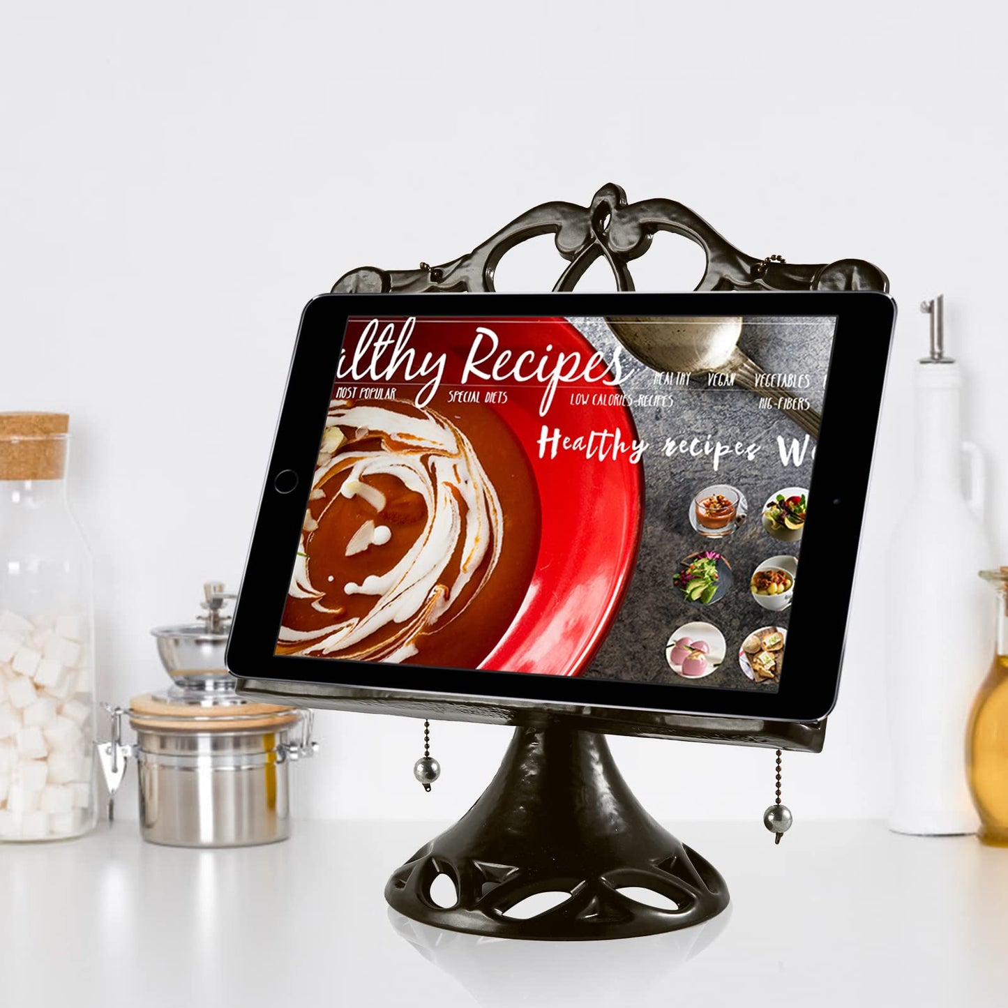 JOGREFUL Adjustable Cookbook Stand, Cast Iron Heavy-Duty Recipe Book Holder, Kitchen Vintage Recipe Book Holder, Reading Rest Holder for Easel/Counter/Books/Magazine/iPad/Bible, Classic Coffee Gold