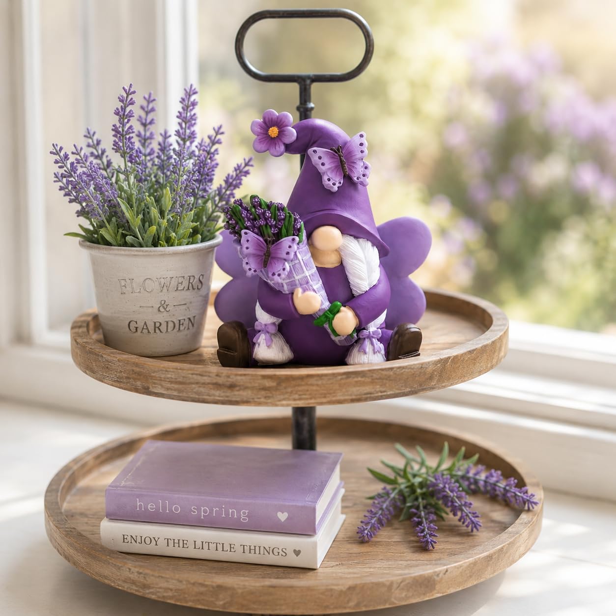 KnomeKo Lavender Gnome Spring Summer Decor, Fairy Garden Gnome with Butterfly & Lavender Bouquet, Purple Gifts for Women Yard Porch Flower Bed Decor