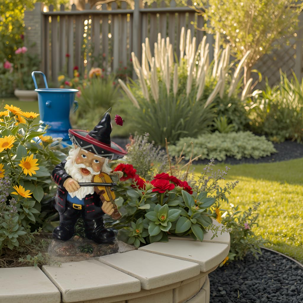 Nature's Mark Mariachi Garden Gnome Statue Playing Violin - Funny Mexican Sombrero Fiddler Gnome Figurine Indoor/Outdoor Decor, 10" Tall Resin Lawn Ornament