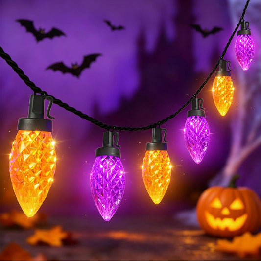 Halloween C9 String Lights Outdoor, 26.4Ft C9 Halloween Decorations Lights with 50 LED Orange and Purple Lights Waterproof, Hanging Plug in Lights String for Outside Holiday Party Patio Yard Decor
