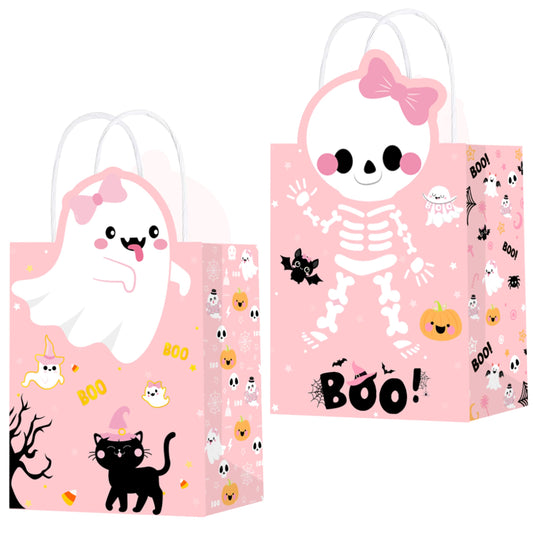 C L cooper life Halloween Party Tote Gift Bags with Handles 12pcs Pink Halloween Ghost Skull Candy Goodies Bags for Girls Ghost Bat Pumpkin Themed Trick or Treat Party Favor Supplies