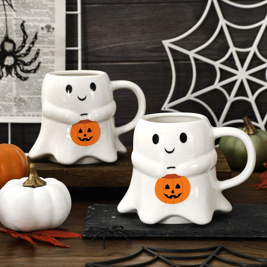 JarThenaAMCS 2Pcs 15oz Halloween Ghost Shape Mug White Ghost Pumpkin Coffee Mug Cute Boo Ceramic Drinking Cup for Halloween Party Supplies Table Centerpieces