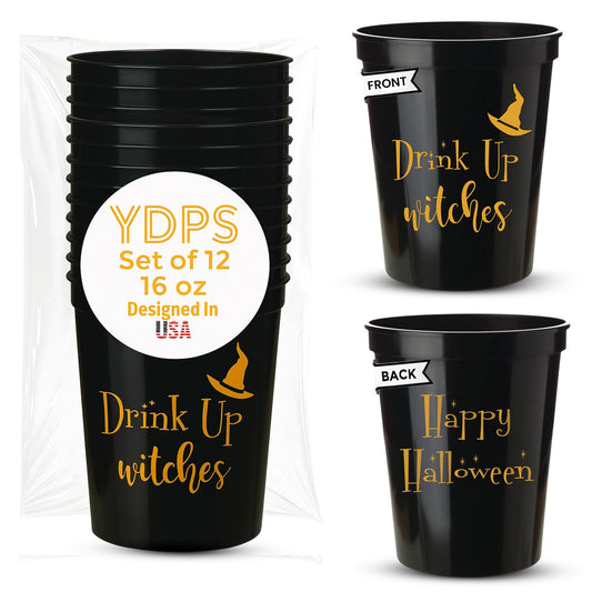 Drink Up Witches Halloween Cups For Adults, Set of 12 Black Party Cups, 16 Oz Each Reusable Plastic Cup, Halloween Party Favors For Adults, Perfect Spooky Cup for Drinkware and Decorations