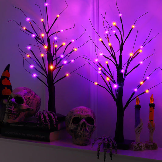 Efunly 2 Pack 24 Inch Halloween Black Spooky Tree with Orange & Purple Lights, USB&Battery Operated Tabletop Halloween Black Tree with Timer for Indoor Home Holiday Party Decorations