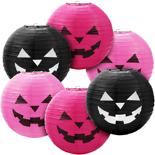 Blulu 6 Pieces Halloween Hanging Paper Lanterns Set Pumpkin Paper Jack-O'-Lantern for Halloween Spooky Home Party Decoration, 11.8 x 11 Inch (Pink,Black)