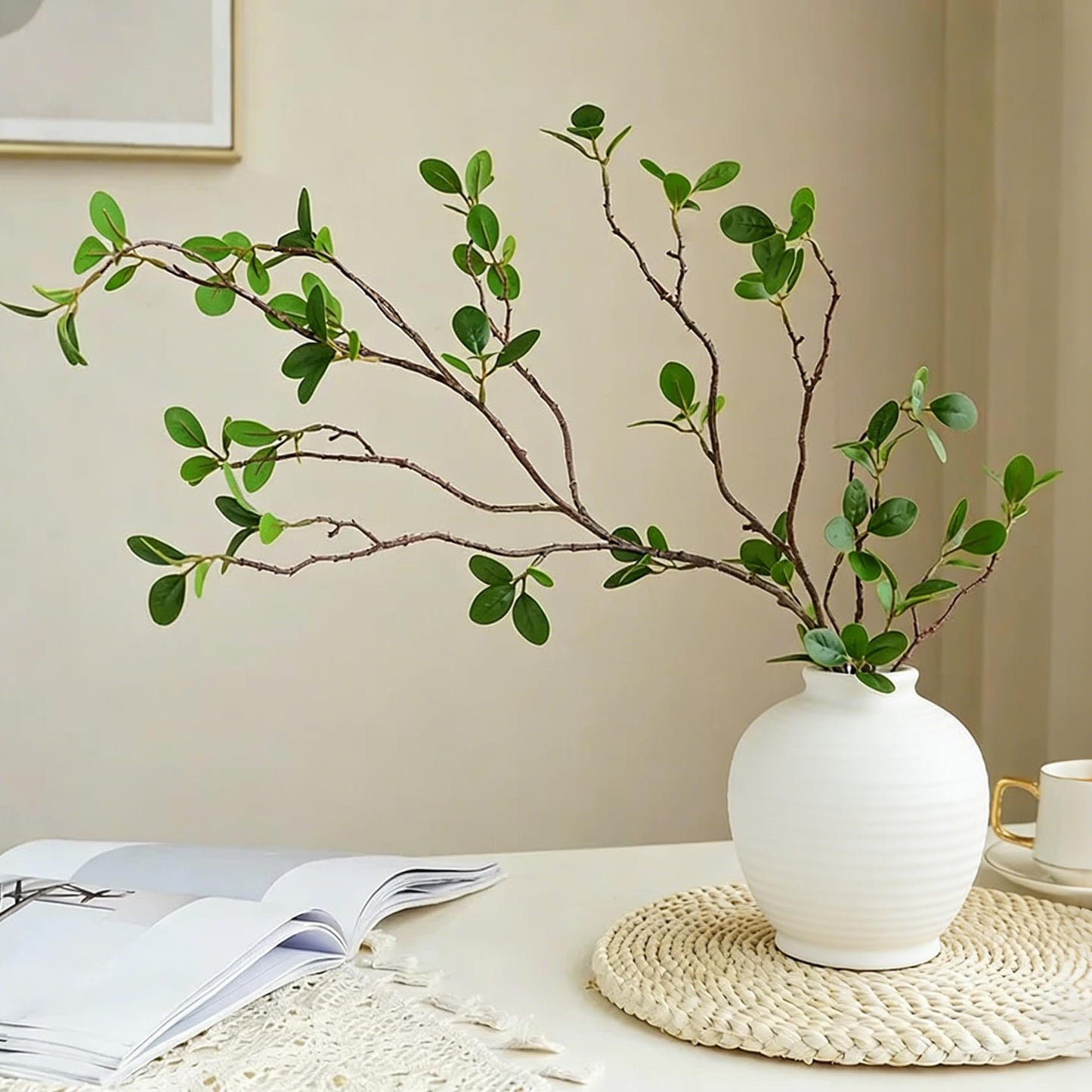 Htmeing Artificial Eucalyptus Green Branches with Leaves Faux Long Stems Fake Greenery Plants Ficus Twigs for Home Office Shop Farmhouse Decoration 110cm/43,2pcs