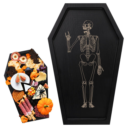 PEUTIER Coffin Tray Skeleton, Coffin Serving Tray Spooky Goth Candle Bowl Wood Coffin Serving Platter Halloween Creepy Decor Tray for Placing Dessert Cheese Party Favor (Pattern 2)
