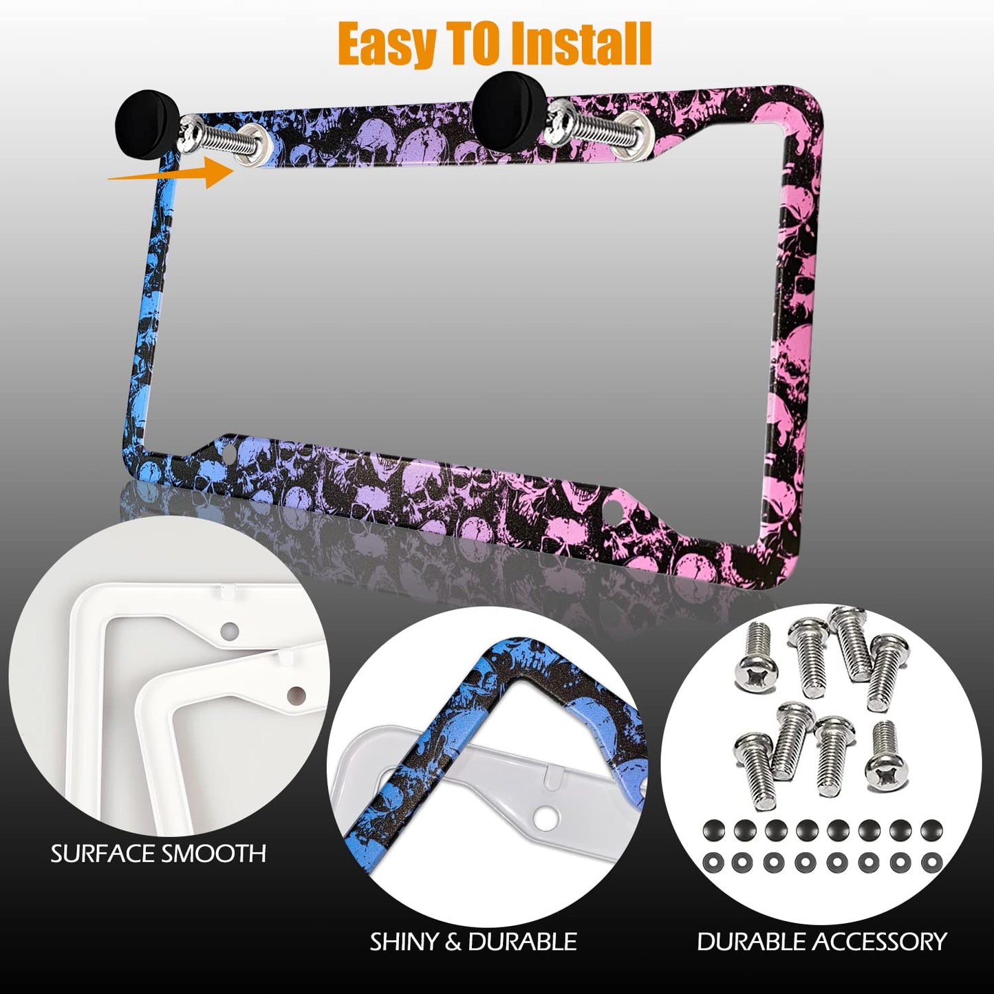 Skull License Plate Frames Skeleton License Plates Frame Holder Cover Metal Aluminum Halloween Car Tag for USA Ca Vehicle Standard Women Men(Set of 2, 12.3" x 6.3")