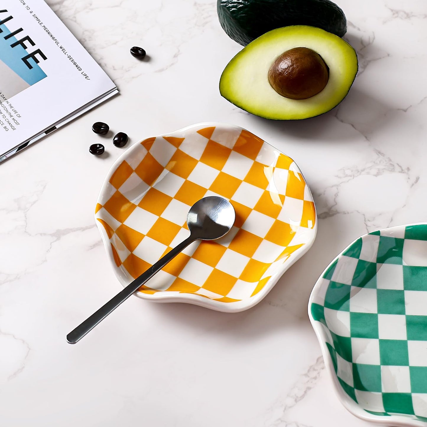 Koythin Ceramic Spoon Rest for Stove Top, Kitchen Counter, Heat-Resistant Utensil Holder, Cute Decorative Checkerboard Spoon Rest Dish for Cooking, Coffee Bar, and Countertop Decor (Orange)
