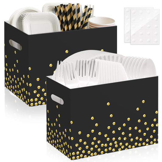 AKAIXI 2PCS Black and Gold Utensil Holder Paper Utensil Caddy for Retirement Party Supplies Cutlery Holder with Handles Black and Gold Party Favors Disposable Cutlery Caddy for Birthday Decorations