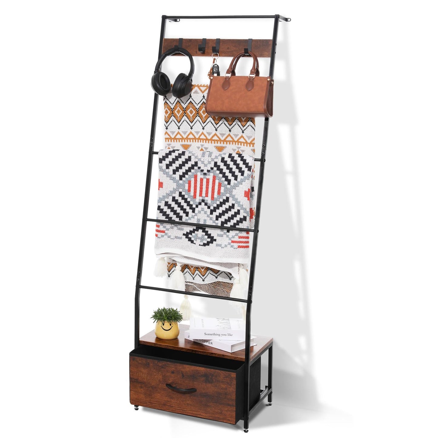 PapeFolicer Metal Blanket Ladder with Storage Drawer, 5 Tier Black Blanket Ladders for the Living Room with Hooks, 5.2ft Wall Leaning Quilt Ladder for Blankets, Towels & Throws, Farmhouse Decor