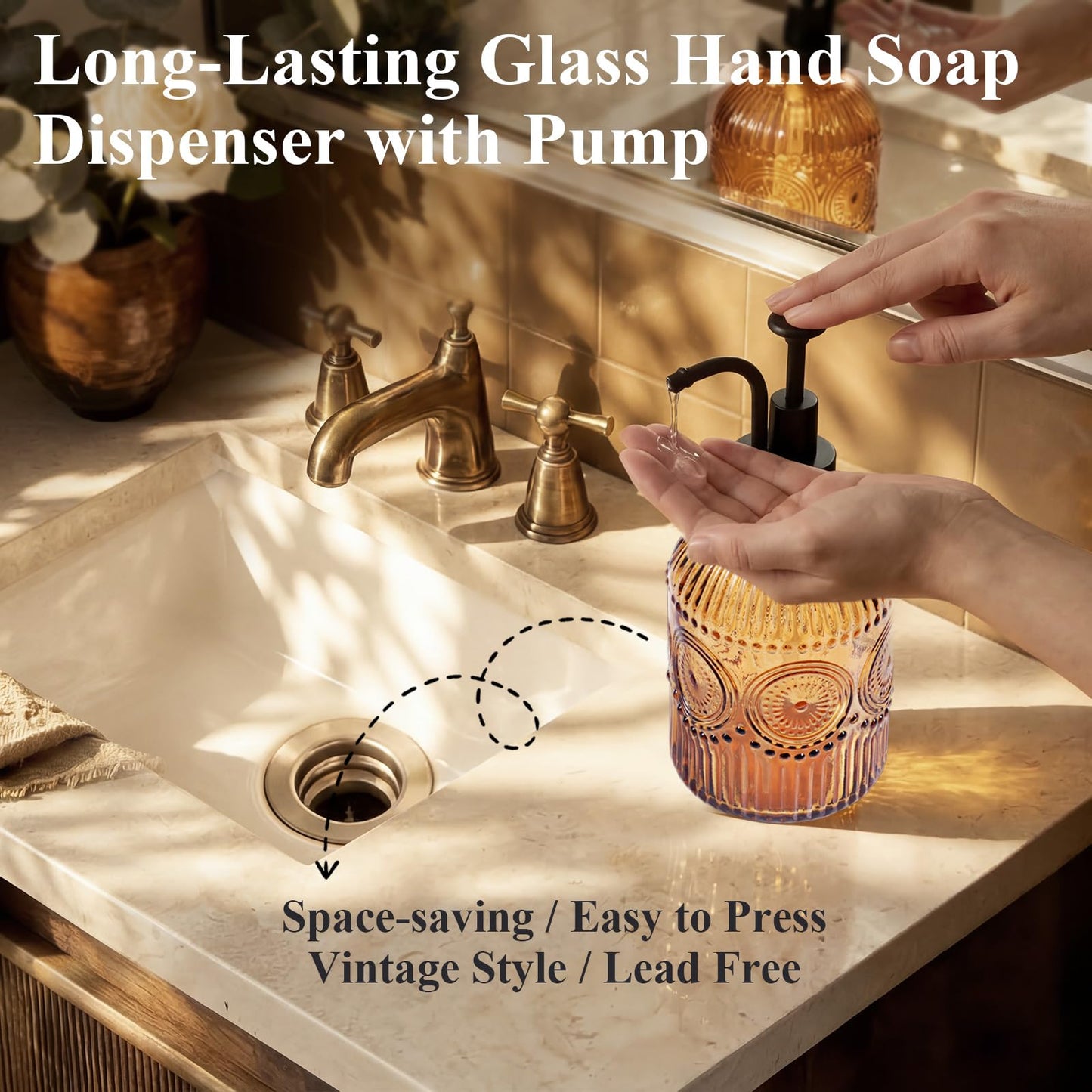 Amolliar 12 Oz Vintage Glass Bathroom Soap Dispensers with Pump, Refillable Kitchen Dish Soap Dispenser with Stripe, Antique Rustic Hand Soap Liquid Bottle (Brown-Black Pump)