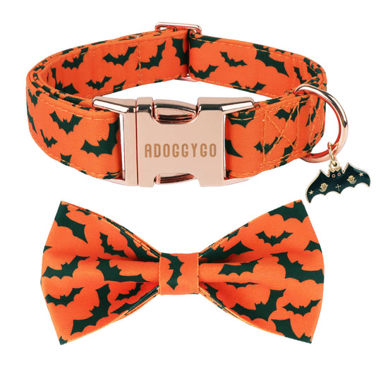 ADOGGYGO Halloween Dog Collar with Bow, Detachable Bat Print Bowtie Charm, Metal Buckle, Adjustable Orange Halloween Collars for Large Dogs Boy Girl (Large)
