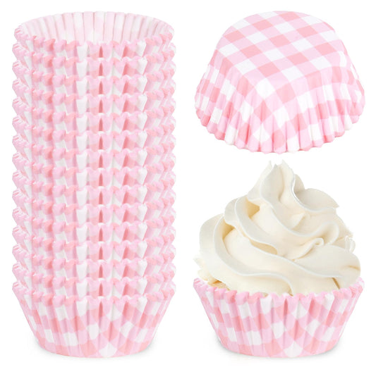 Whaline 300 Pcs Pink Plaid Cupcake Liner Paper Pink Checkered Muffin Liner Baking Cups 2 x 1.2 Inch Cute Cupcake Wrappers for Baby Bridal Shower Wedding Birthday Party Supplies
