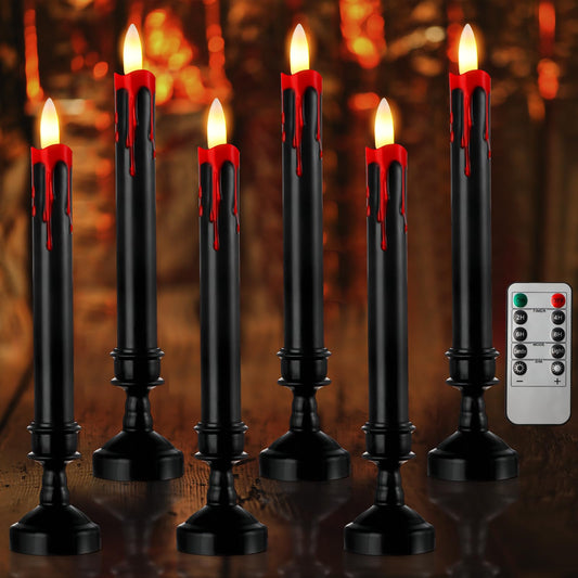 Sratte 6 Sets Halloween Blood Dripping Candle Decoration Led Flameless Candle with Candlestick Holder and Remote Battery Operate Vampire Tears Scary Creepy Decor for Indoor Home(Black Holder)