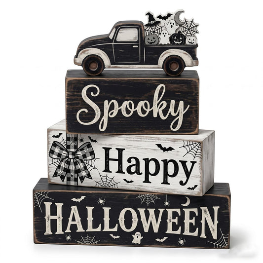 4 Pcs Halloween Decor, Happy Halloween Wooden Block Signs with Vintage Truck, Tiered Tray Decorations with Spooky Ghost, Farmhouse Rustic Table Centerpiece for Home Shelf Kitchen Coffee Bar