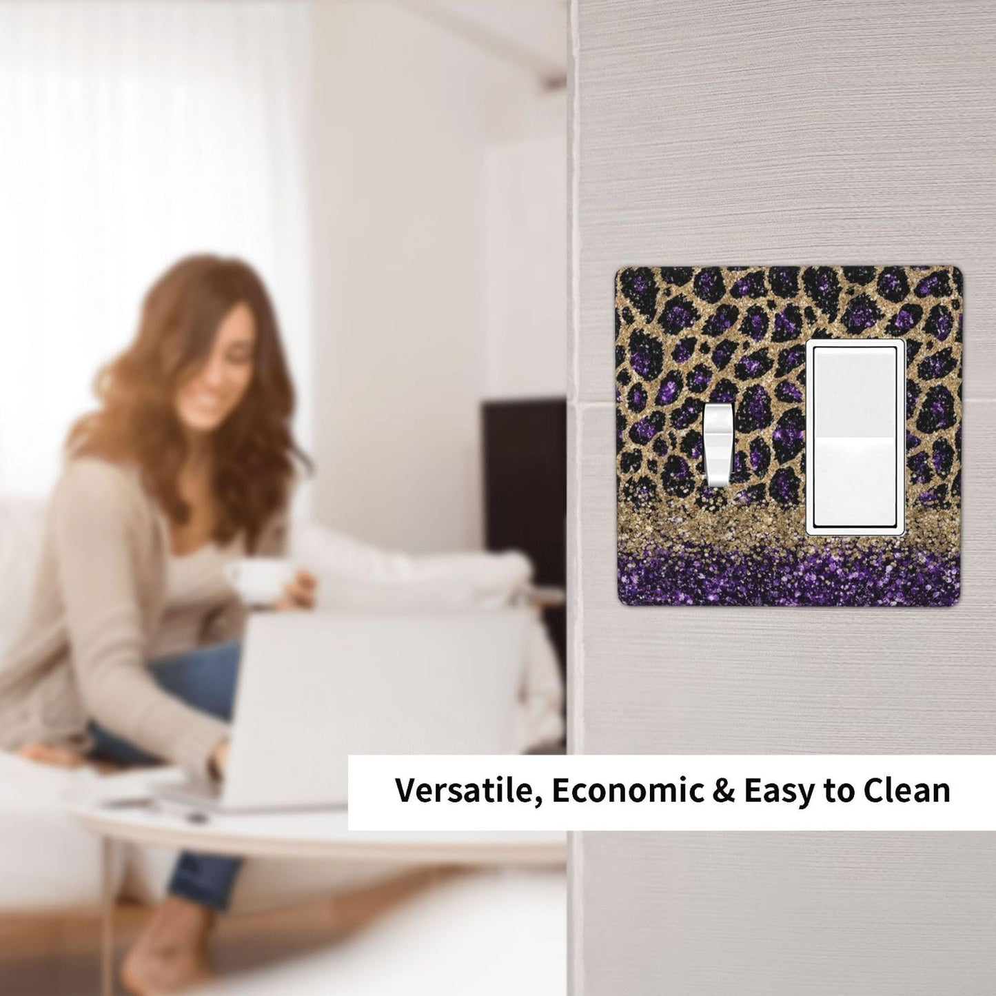 Purple Leopard Glitter Print Wild Animal Skin Texture Outlet Covers 1 Toggle 1 Rocker Combination Decorative Wall Plate Electrical Switch Plates Light Switch Cover Plate for Bedroom Living Room Decor