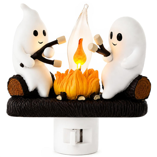MXXT Ghost Campfire Night Light, Plug-in Wall Flickering Flame Nightlight, Halloween 3D Cute Spooky Marshmallow Ghost Decoration for Bedroom, Spooky Season Home Halloween Decor for Kids Adults