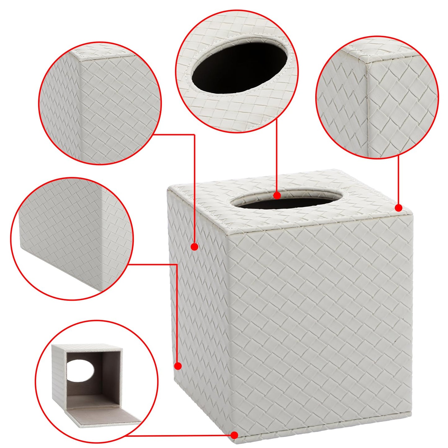 Sumnacon Tissue Box Cover Square Tissue Box Stylish PU Woven Lozenge Pattern Tissue Box Holder with Magnetic Bottom,Cube Leather Tissue Cover for Living Room Bathroom Table Desk Home Office Car,White