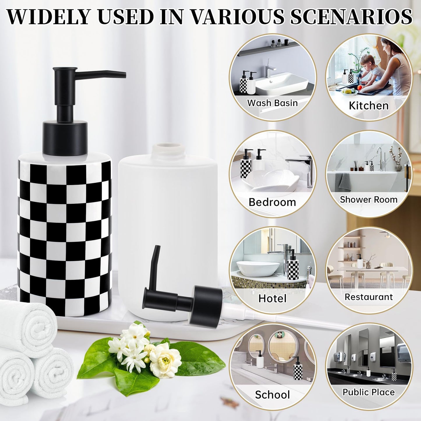 Soap Dispenser with Matte Black Pump, Ceramic Soap Dispenser Bathroom, Checkerboard Dish Soap Lotion Dispenser for Kitchen Sink, Black & White Plaid Refillable Liquid Hand Soap Bottle
