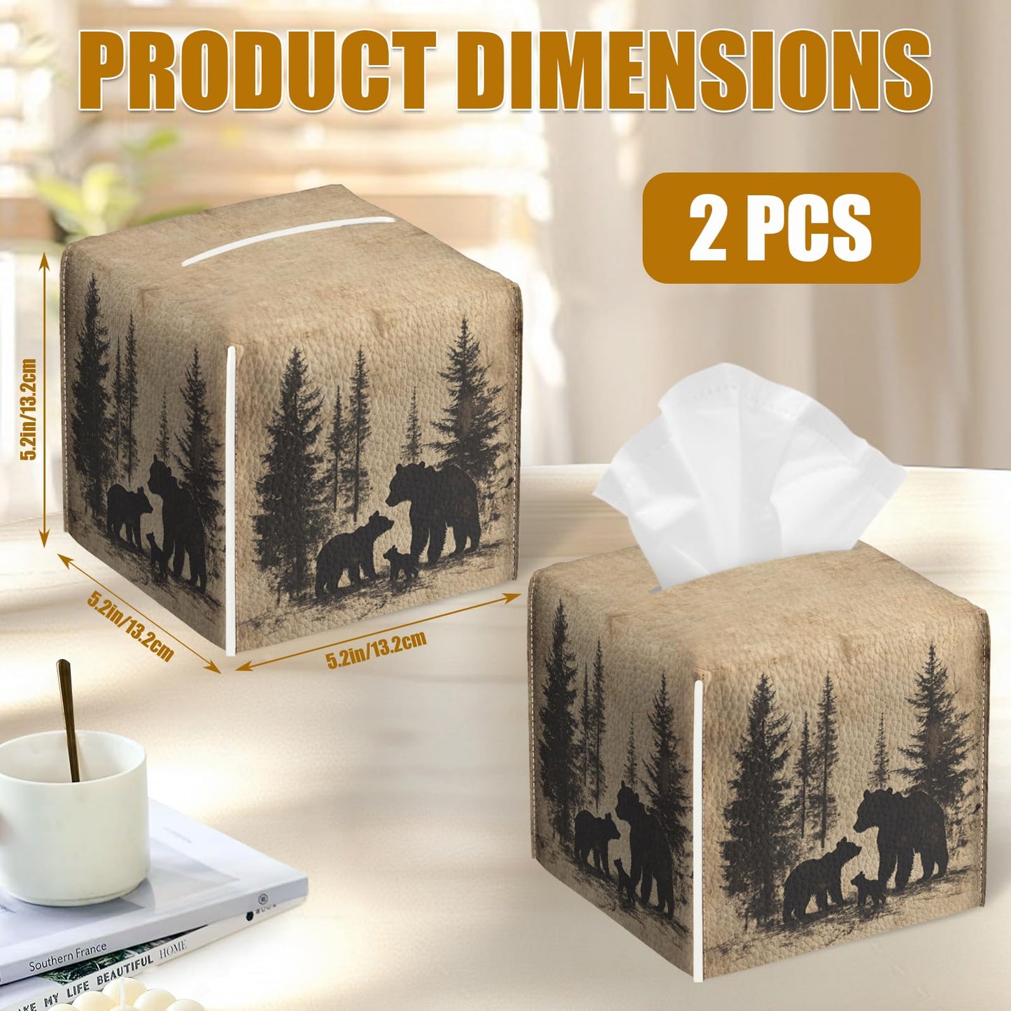 Bear Pine Tree Tissue Box Cover 2PCS, Leather Tissue Box Holder Square Facial Paper Case Tissue Box Cube Organizer for Bathroom Bedroom Desk Office