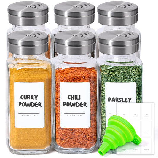 ComSaf Spice Jars with Shaker lids Adjustable, 8oz 6PCS，9 DIY Labels, Spice Jars Trial Set & Supplement Set, Empty Ingredient Containers and Square Ingredient Bottles for Kitchen and Seasoning