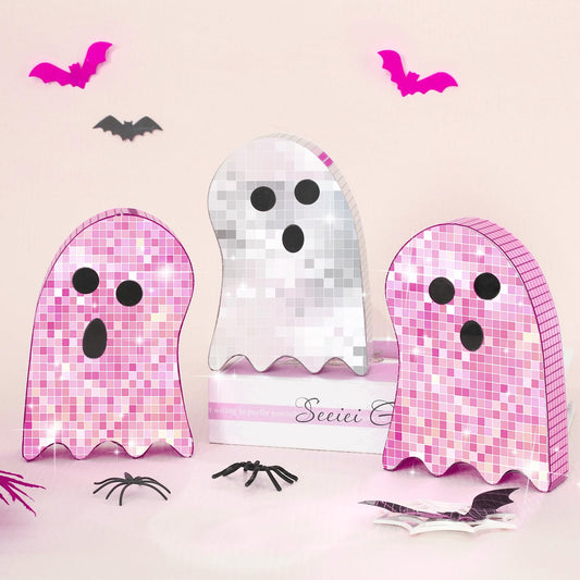FYSUIMU 3Pcs Halloween Disco Ghost Decor 6 Inch Pink Silver Ghost Disco Ball Table Centerpieces Mosaic Horror Tiered Tray Decoration for Home Party Favors Supplies
