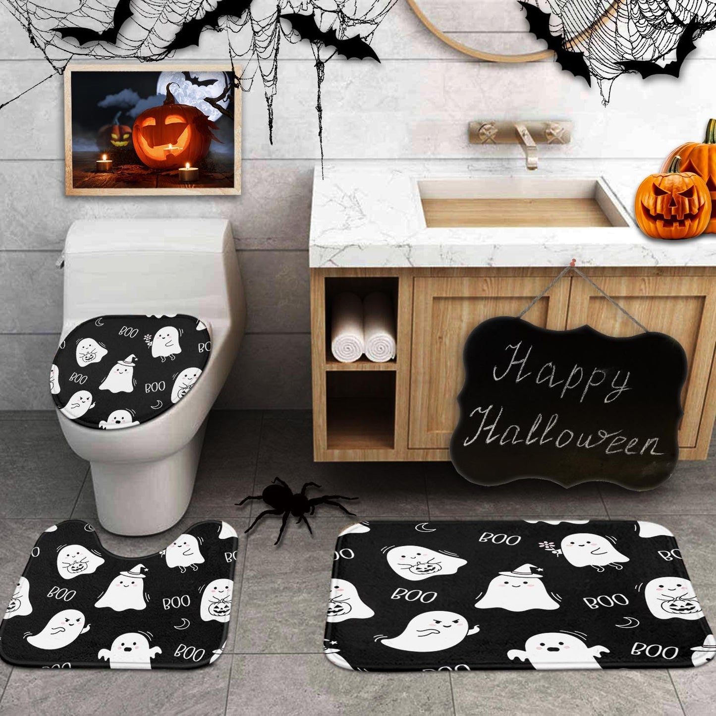Britimes Halloween Cute Ghost Bathroom Rug Set of 3, 3 Pieces Bath Mats Set, Black Funny Horror No Silp Washable Cover Floor Rug Decorations for Kitchen Bathroom Bedroom
