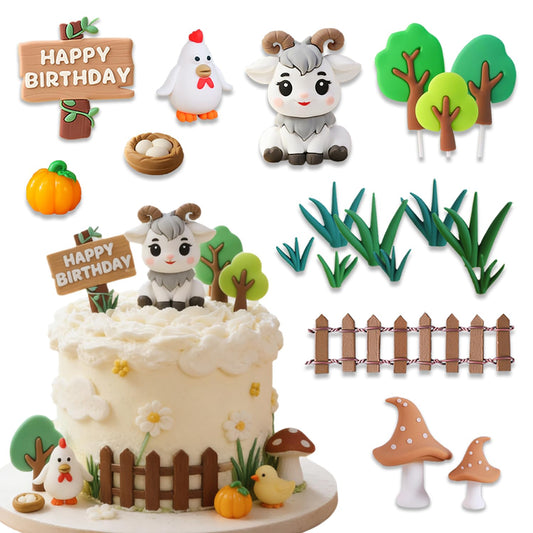 Rustic Farm Theme Cake Decorations Set - "Happy Birthday" Sign, Goat Figurine, Tree Accents, Chicken & Resin Pumpkin Decor, Grass & Fence & Mushroom Accessories, Premium Soft PVC Dessert Toppers