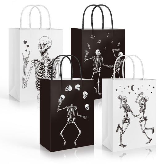 Whaline Halloween Skull Paper Gift Bags Black White Funny Dancing Skeleton Goodie Candy Treat Bag Skull Theme Handbags for Halloween Trick or Treat Party Favor Supplies, 16Pcs