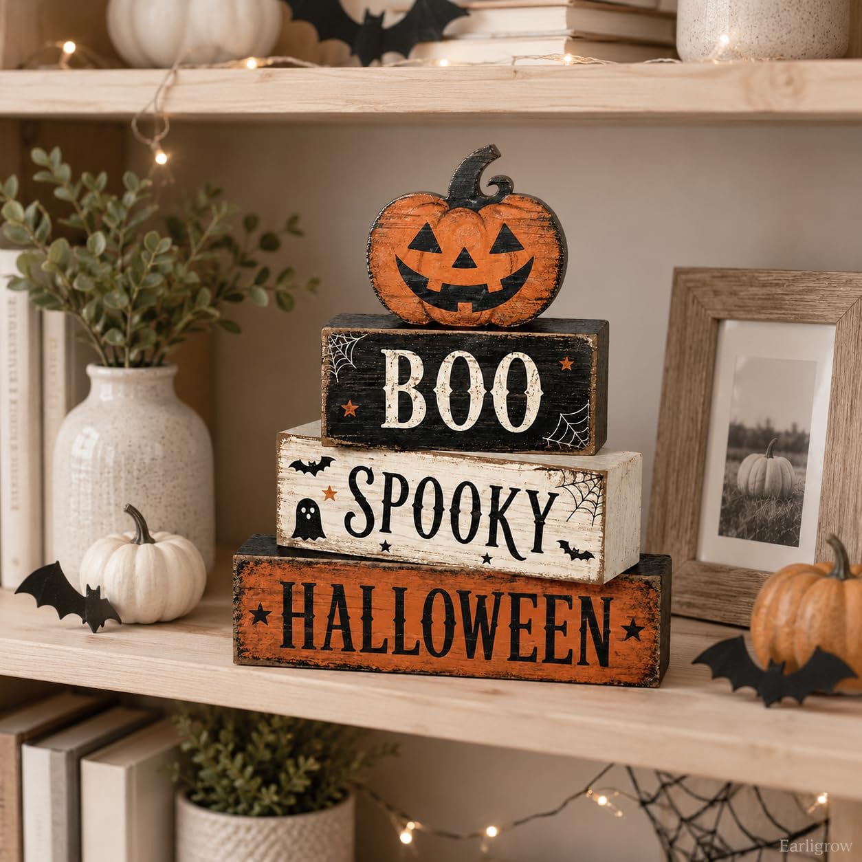 4 Pcs Halloween Table Decorations, Spooky Boo Tiered Tray Decor, Wooden Block Signs with Jack-O-Lantern, Farmhouse Rustic Tabletop Centerpiece for Home Shelf Kitchen Coffee Bar
